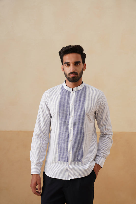 White and Blue Panel Ethnic Shirt