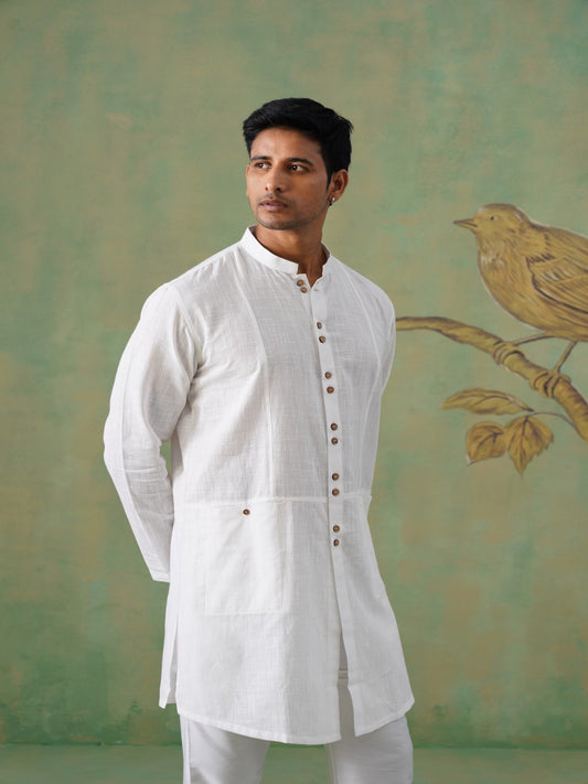White Cotton Short Kurta with Wooden Buttons