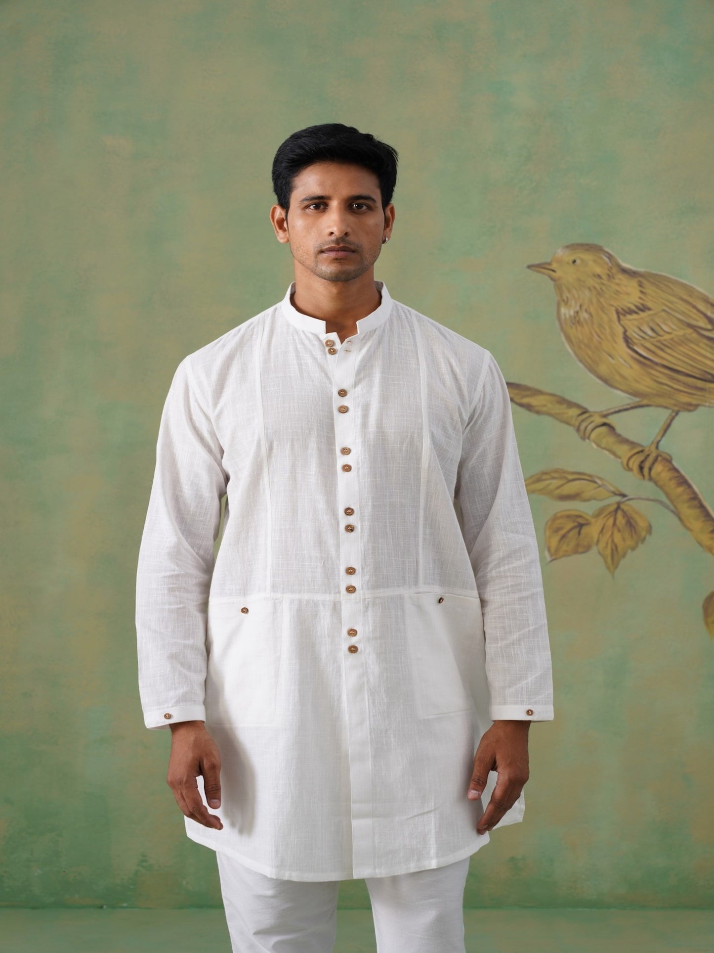 White Cotton Short Kurta with Wooden Buttons