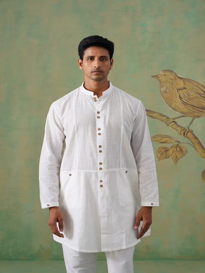 White Cotton Short Kurta with Wooden Buttons