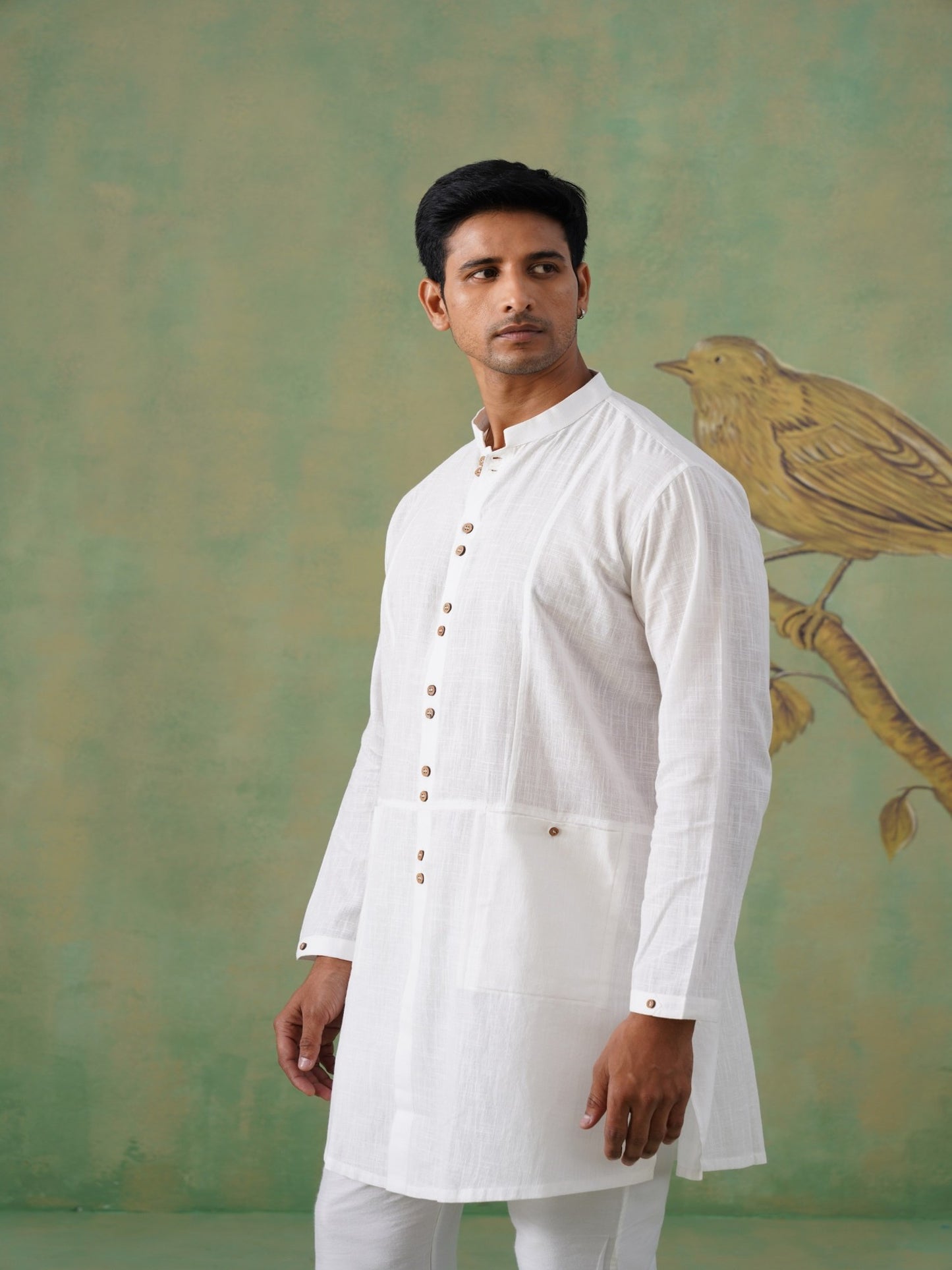 White Cotton Short Kurta with Wooden Buttons