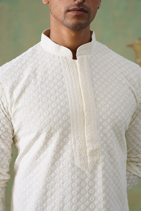 White Textured Embroidered Cotton Kurta Set