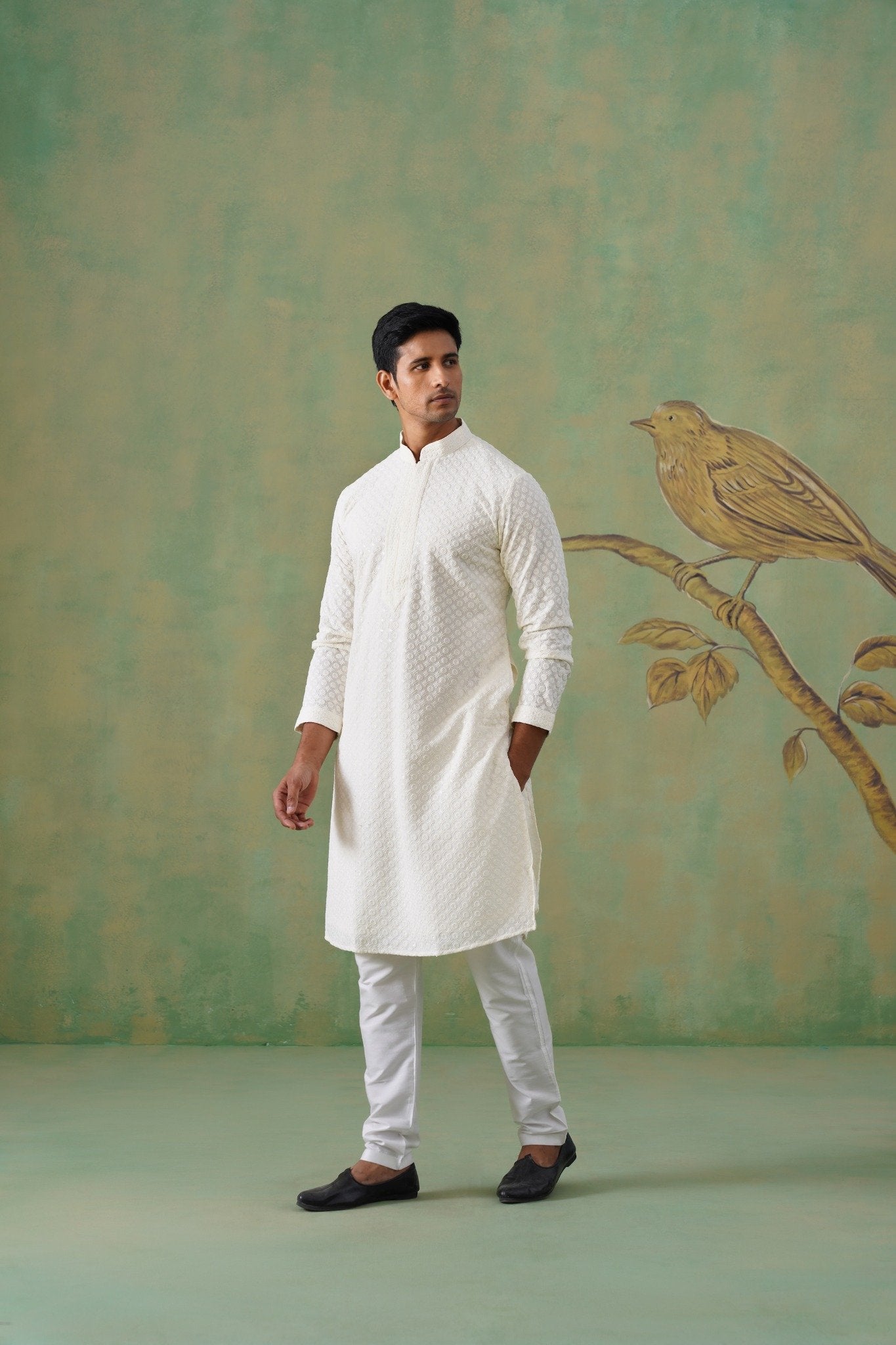White Textured Embroidered Cotton Kurta Set