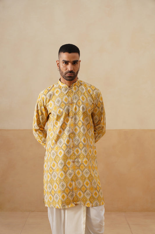 Yellow Geometric Ikat Short Kurta